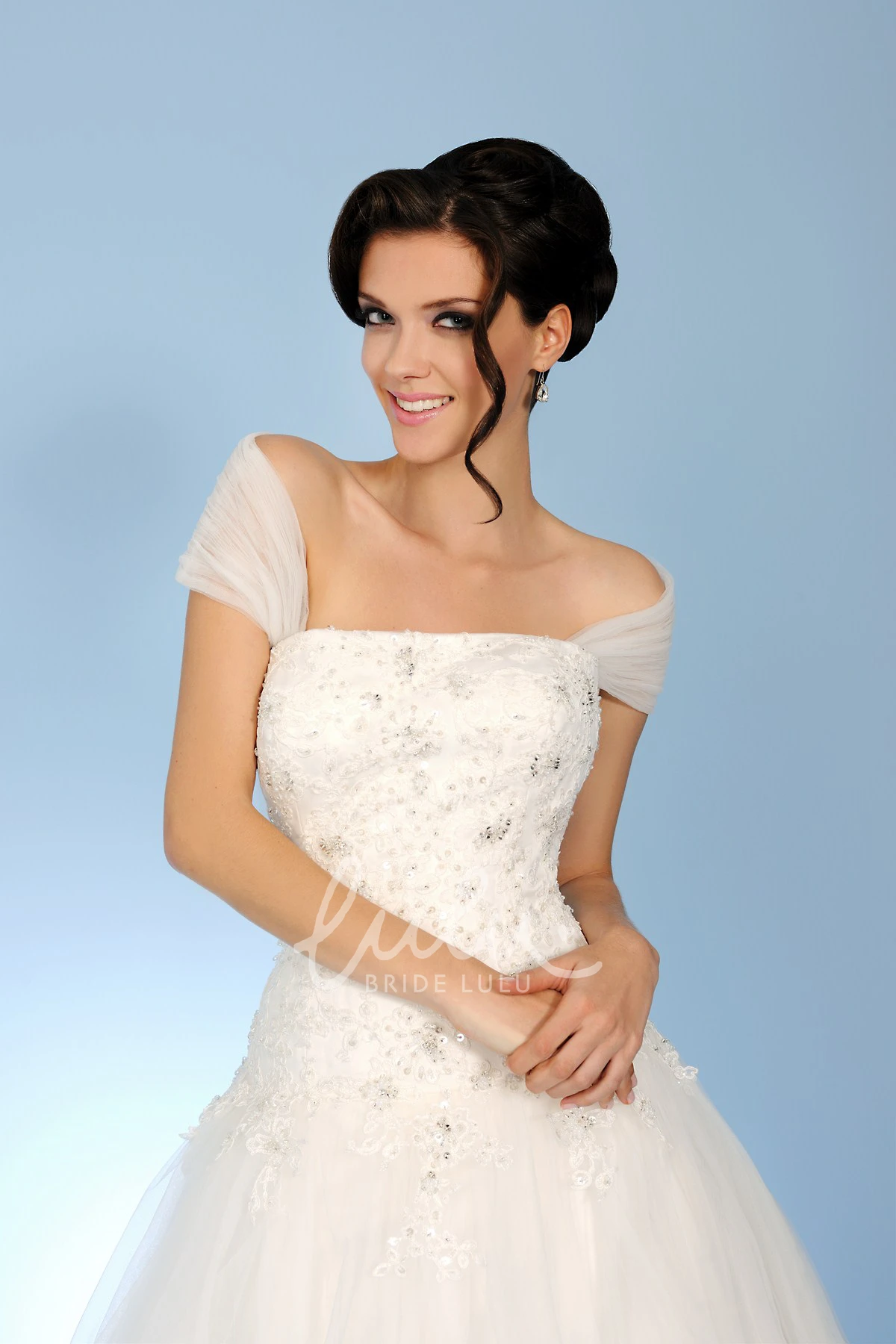Strapless Appliqued Tulle Wedding Dress with Illusion Back and Court Train Ball-Gown Floor-Length