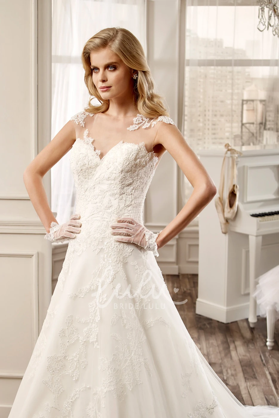 Illusive Back V-Neck A-Line Wedding Dress with Brush Train