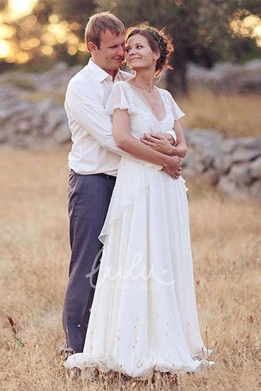 A Line V-neck Chiffon Lace Wedding Dress Low-V Back Style