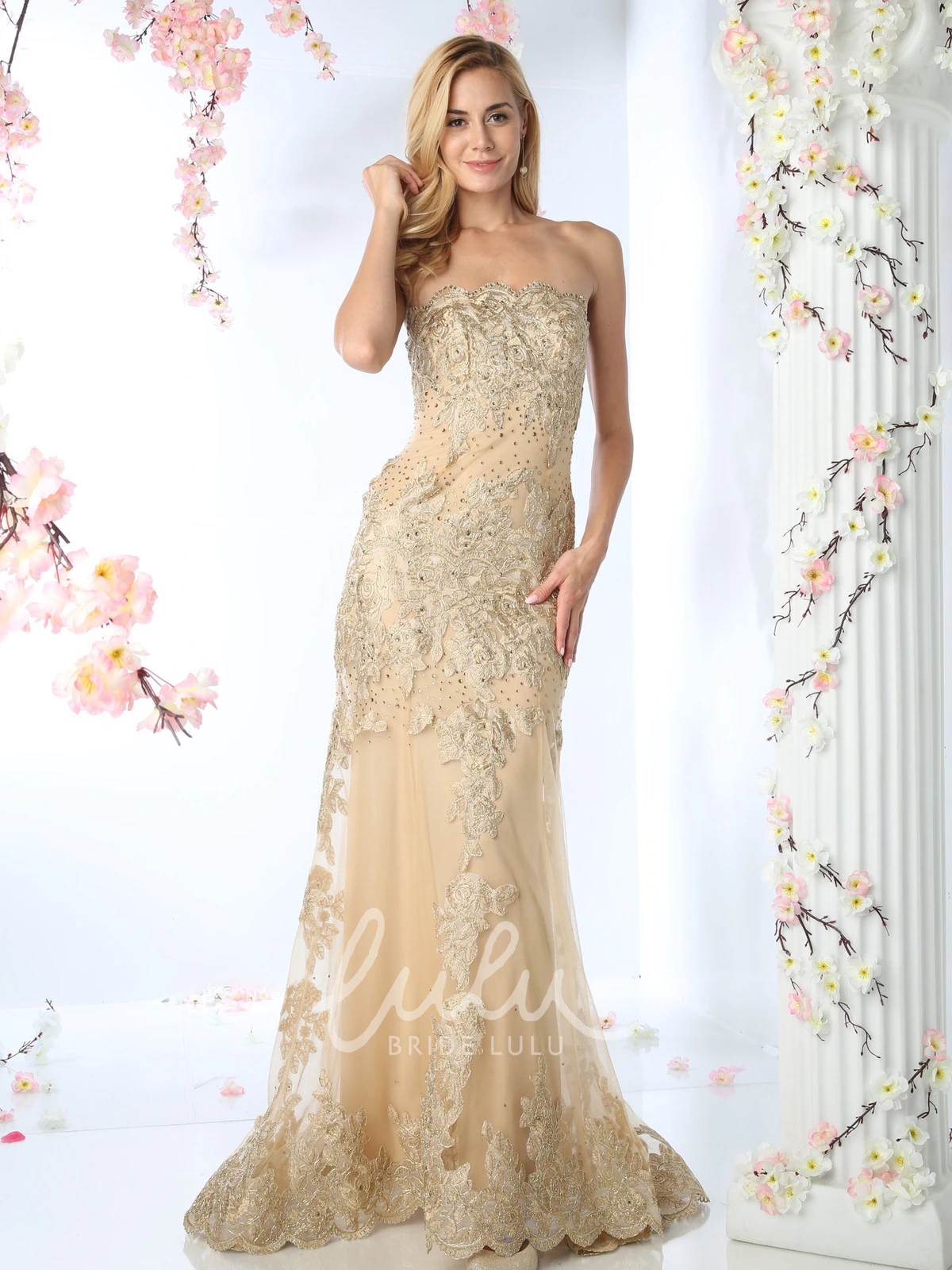 Strapless Mermaid Satin Beaded Prom Dress with High Neckline