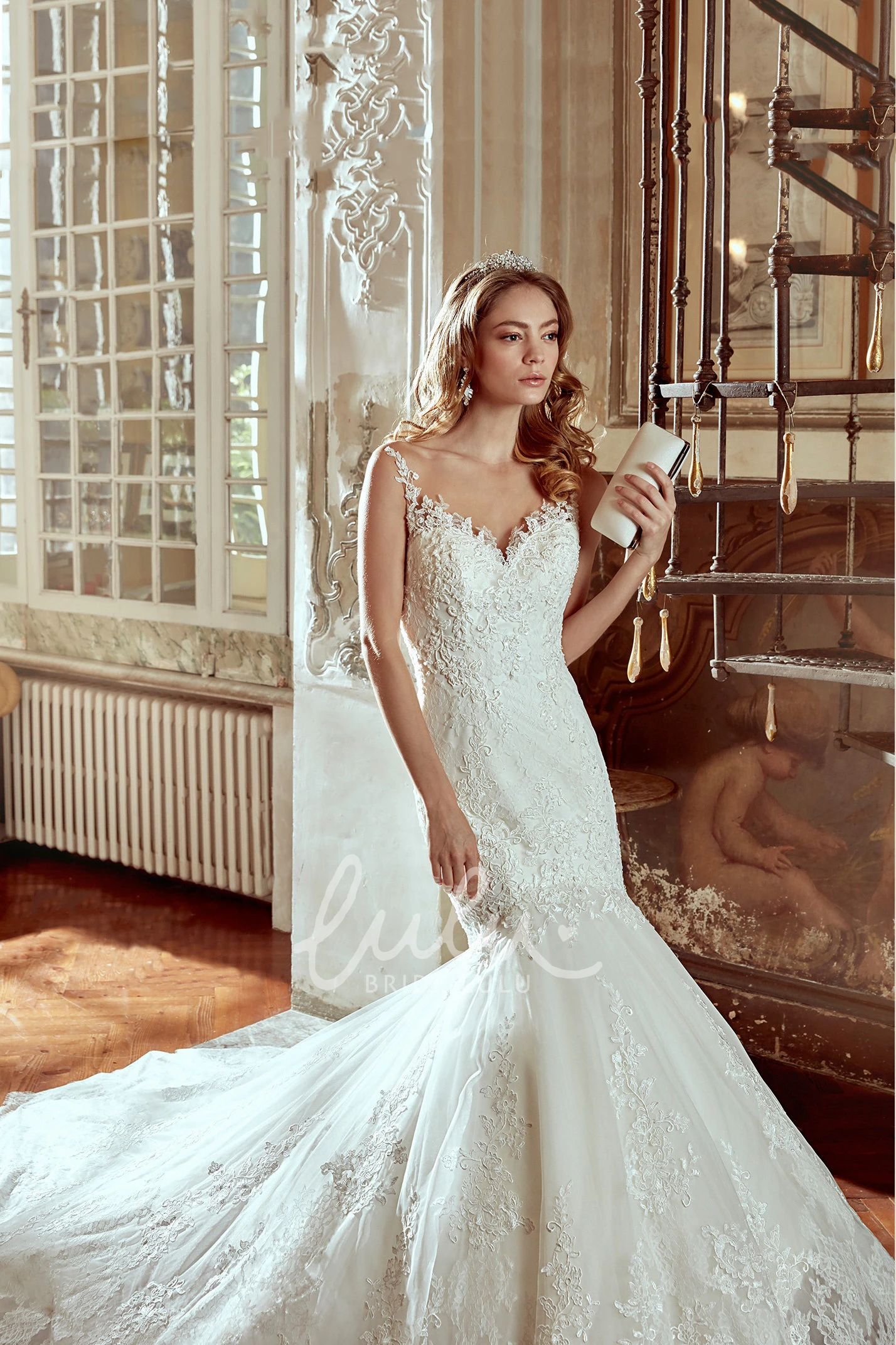 Mermaid Lace Strap-Neck Winter Wedding Dress with Illusion Back Stunning Bridal Gown