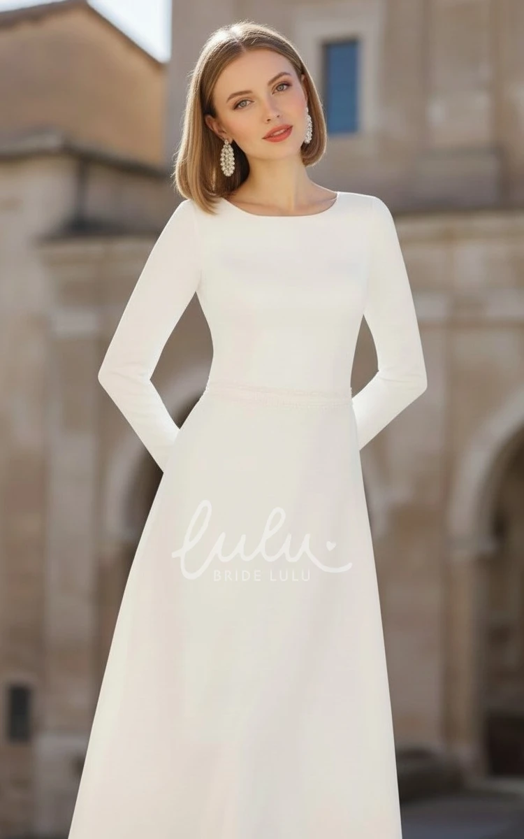 Elegant Minimalist Long Sleeve Satin Wedding Dress with Boat Neck Classic A-Line Bridal Gown for Modern Brides