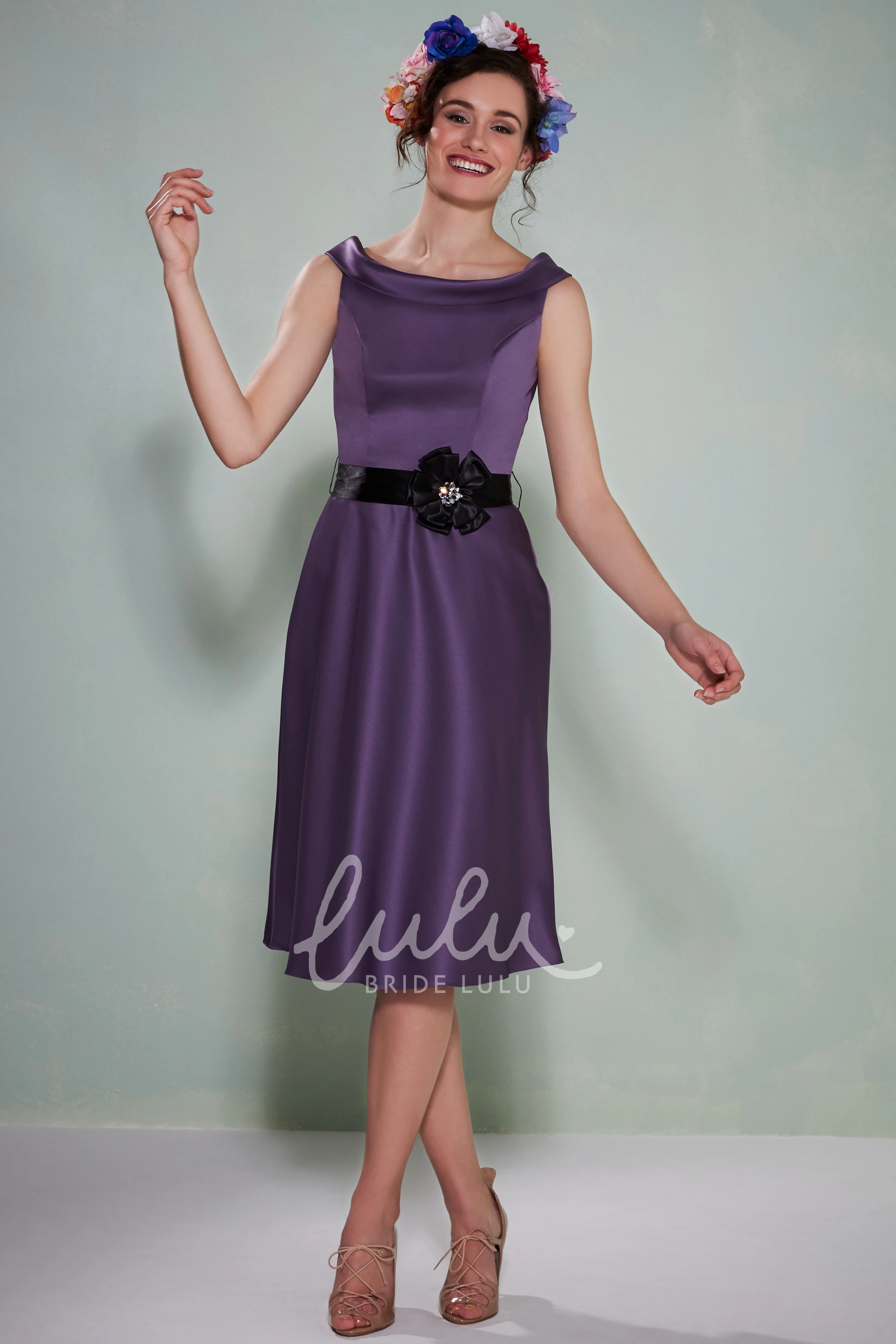 Floral Satin Tea-Length Bridesmaid Dress with Sash Elegant Bridesmaid Dress