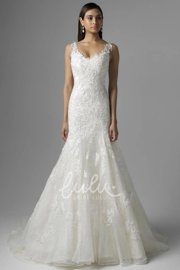 V-Neck Lace Trumpet Wedding Dress with Court Train Sleeveless and Deep-V Back