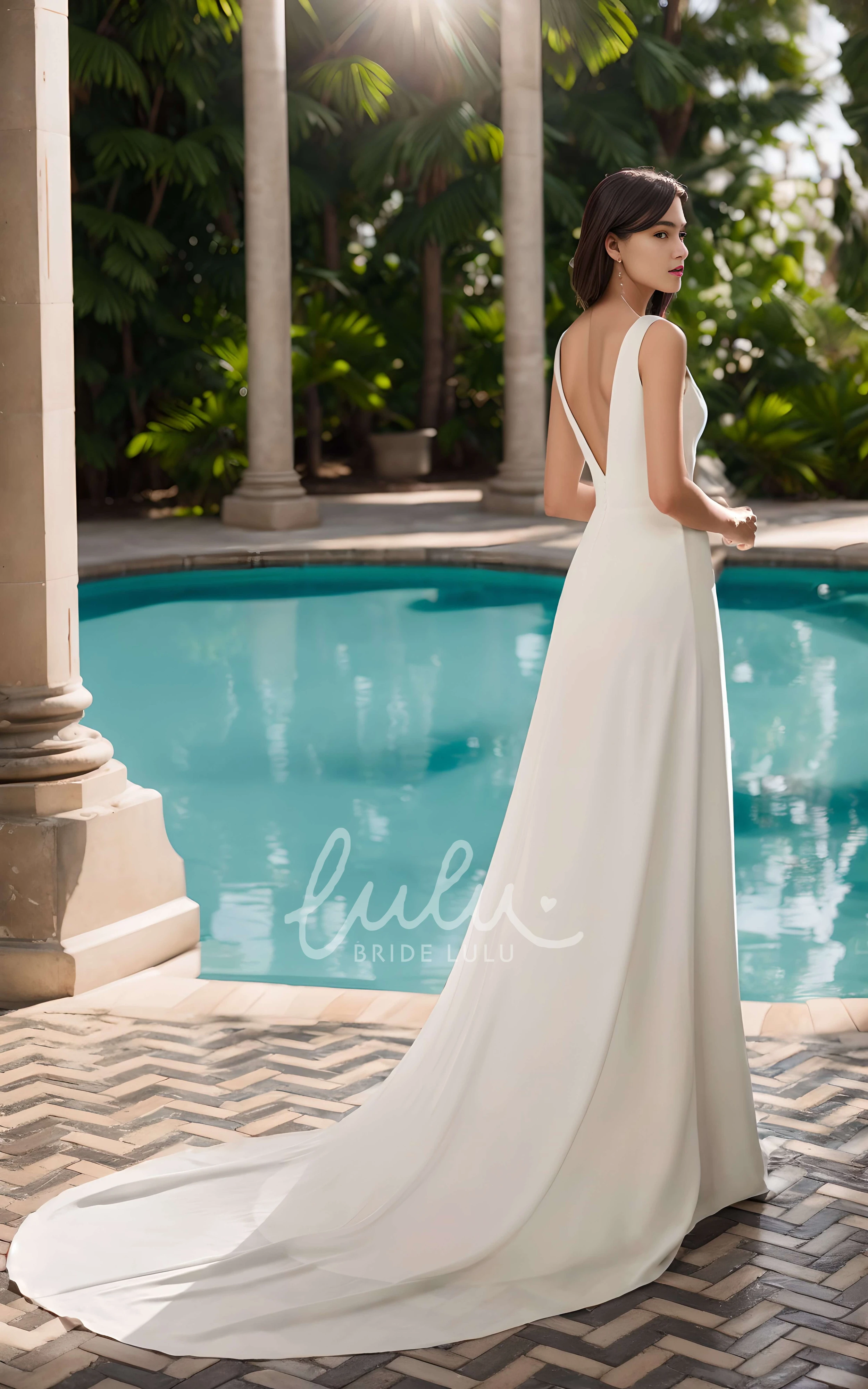 Elegant Solid Sheath V-neck Sleeveless Ruching Chiffon Wedding Dress Vintage Simple Casual Floor-length Split Front Bridal Gown with Button Zipper Deep-V Back