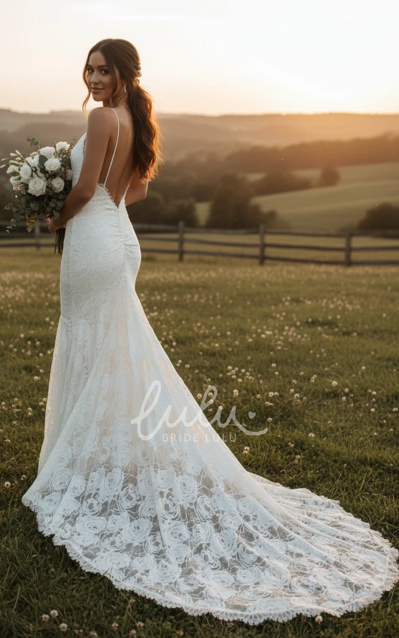 Mermaid Sexy Spaghetti V-neck Vintage Lace Flowers Backless Spring Wedding Dress with Train