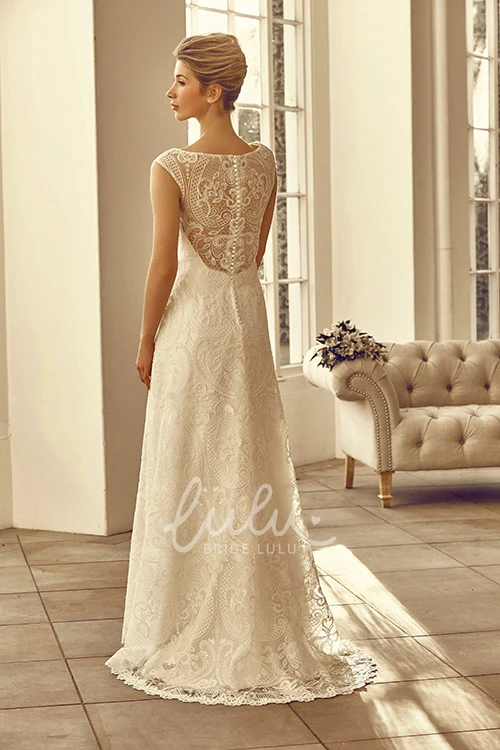 Cap-Sleeve Bateau Lace Appliqued Wedding Dress Floor-Length