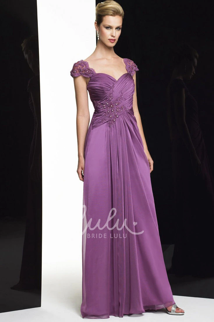 Sweetheart Chiffon Formal Dress with Beading Sheath Cap-Sleeve Long Criss-Cross