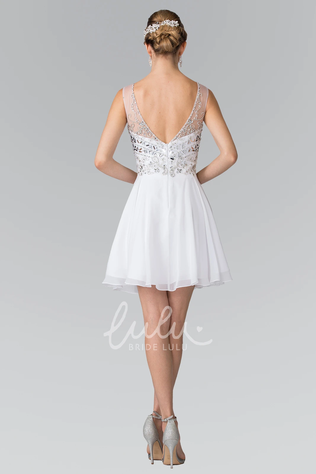 Empire Chiffon Beaded A-Line Short Formal Dress with V-Neck and Pleats