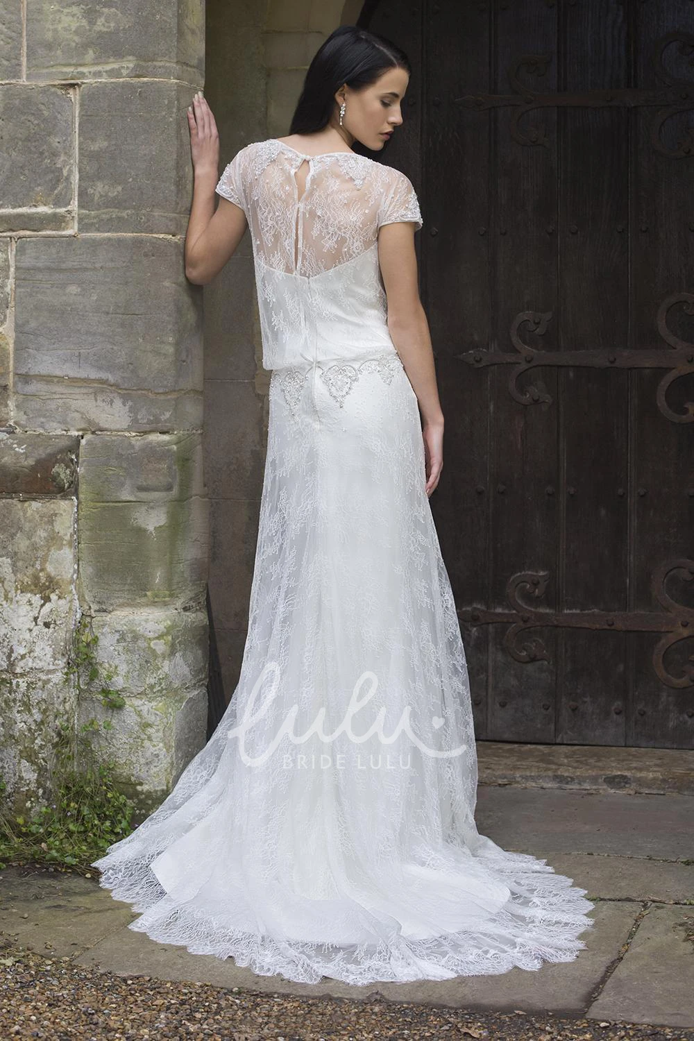 Beaded Lace Sheath Wedding Dress with T-Shirt Sleeves and Bateau Neckline