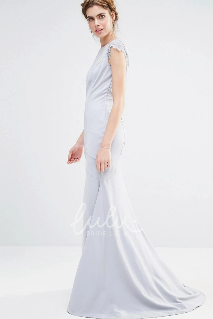 Chiffon Bridesmaid Dress with Brush Train Sheath Jewel Neck Short Sleeve