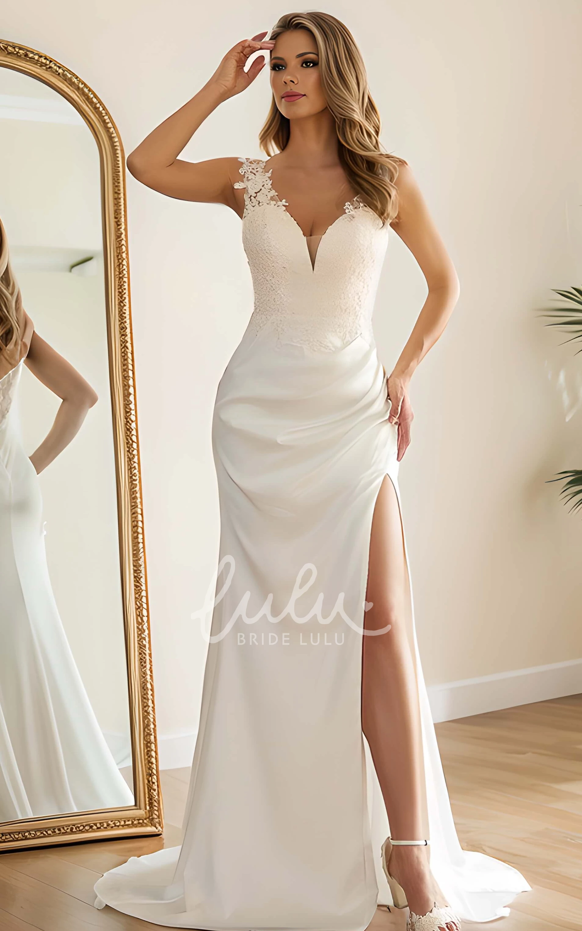 Modern Sexy Floral Boho Lace V-Neck Sweep Train Sheath Wedding Dress with Appliques and Split Front