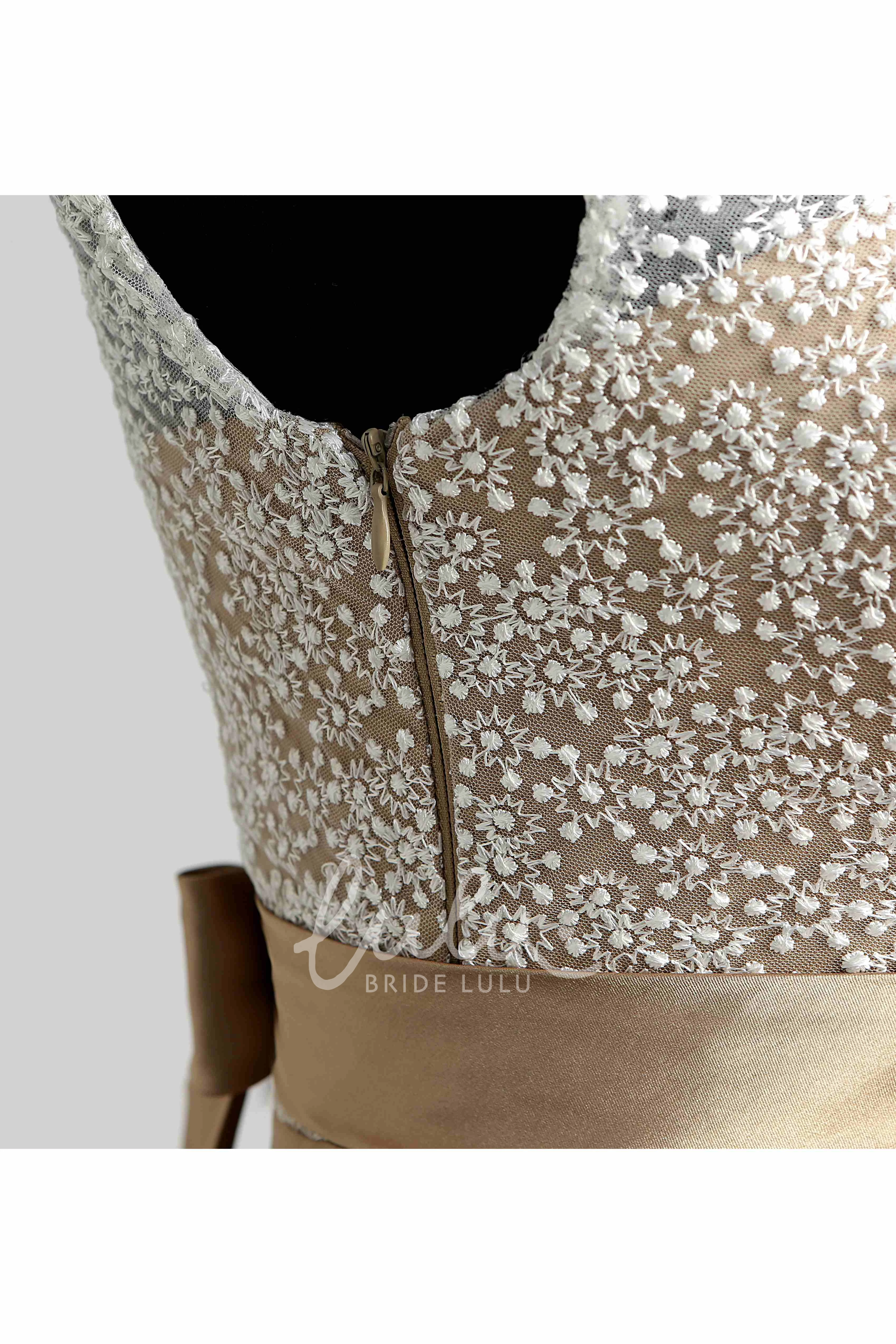 Lace A-line Short Sleeve Bridesmaid Dress with Sash and Bateau Neckline