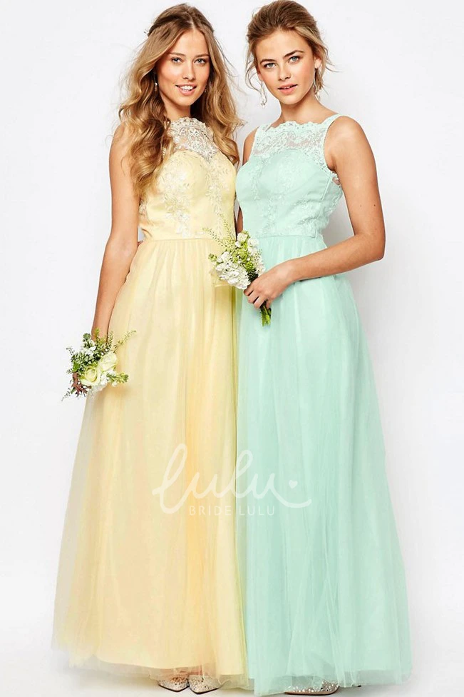 A-Line Lace Tulle Bridesmaid Dress Sleeveless Ankle-Length Bateau Neck