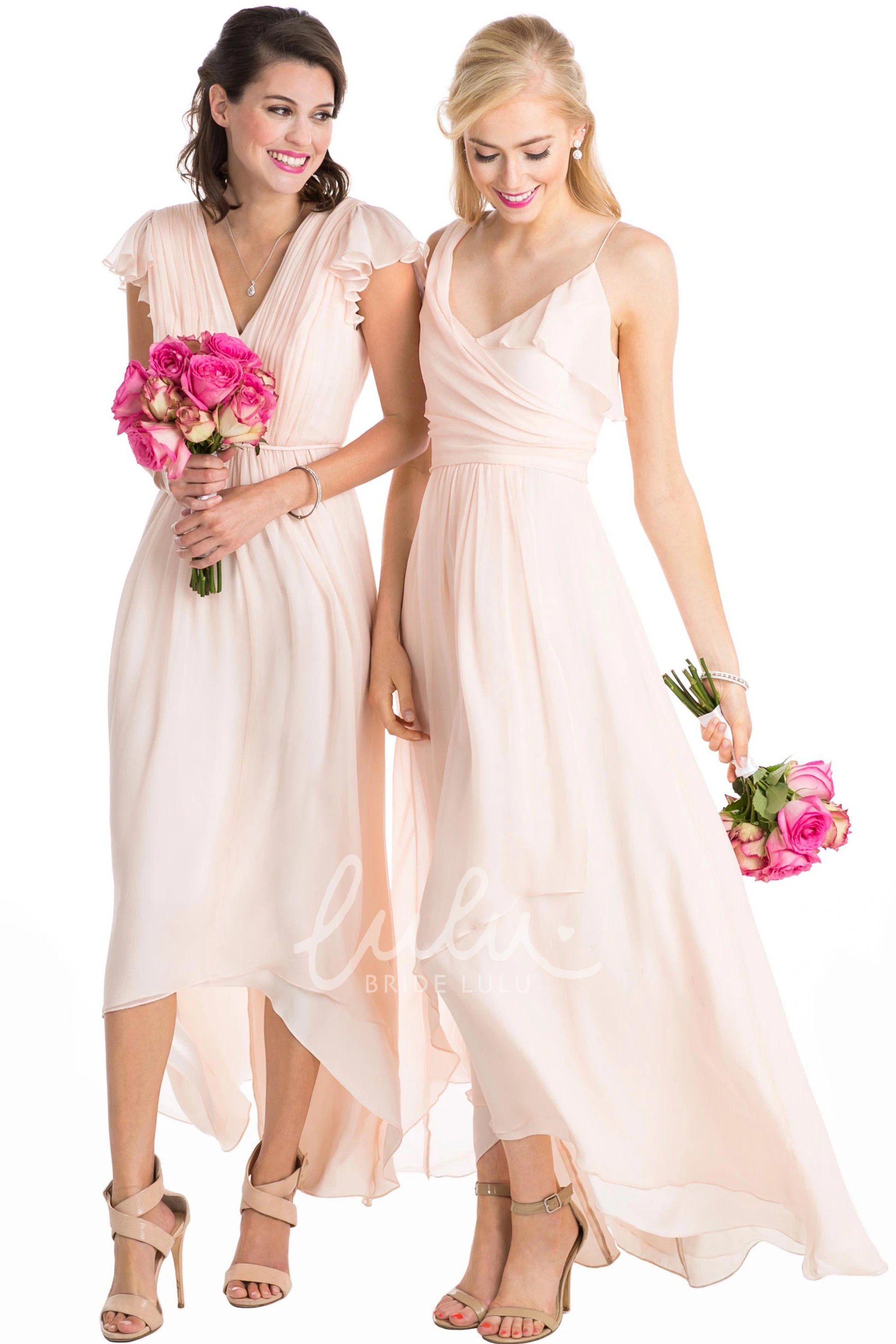 Cap Sleeve V-Neck Chiffon Bridesmaid Dress in Muti-Color High-Low Style