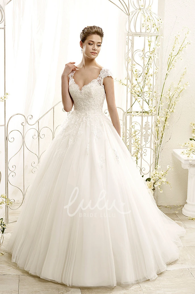 Cap-Sleeve Appliqued Tulle&Lace Ball Gown Wedding Dress Classic Bridal Gown