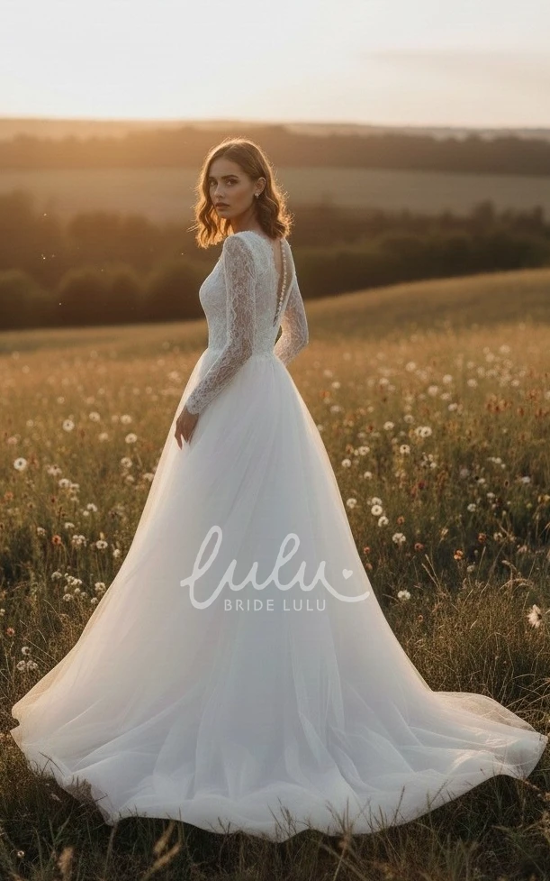 Romantic A-Line V-Neck Lace Spring Wedding Dress with Long Sleeves and Court Train Elegant Garden Gown