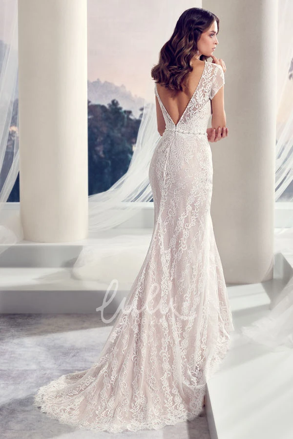 Scoop Cap-Sleeve Lace Wedding Dress with Jeweled Details and Brush Train