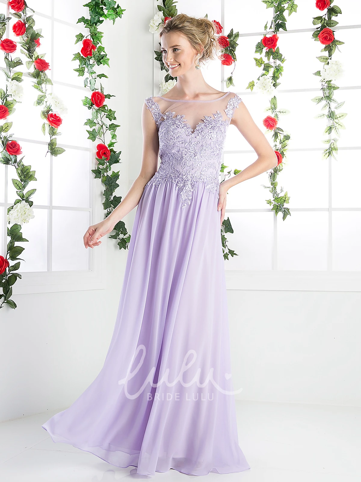 Scoop-Neck Sleeveless Sheath Dress with Appliques and Illusion in Chiffon Fabric