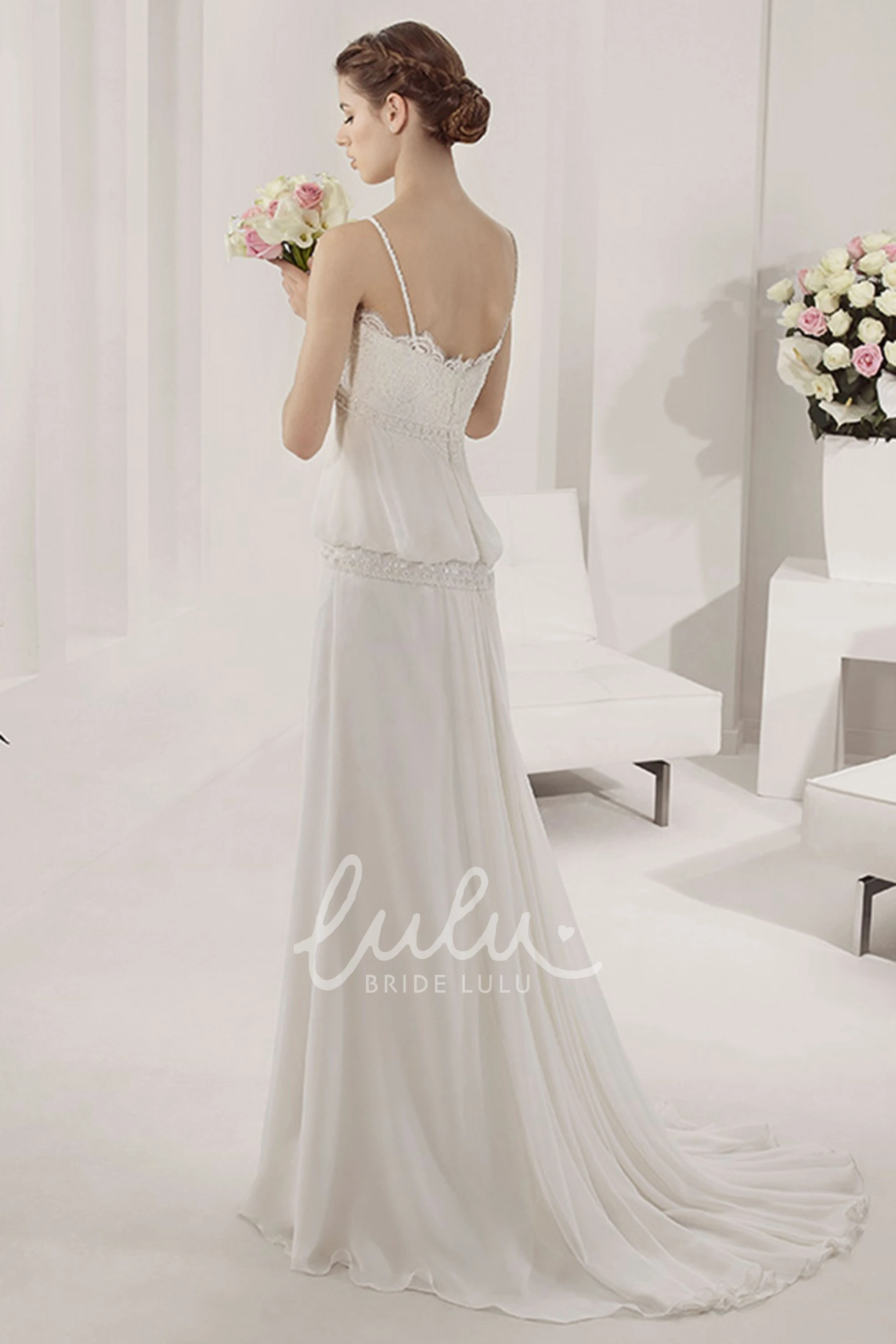 A-Line Chiffon Wedding Dress with Spaghetti Straps Scalloped Neckline and Unique Lace Design