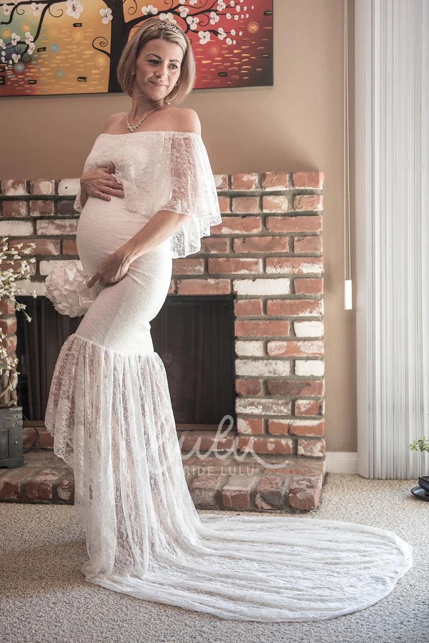 Half Sleeve Mermaid Maternity Wedding Dress with Court Train and Empire Waist