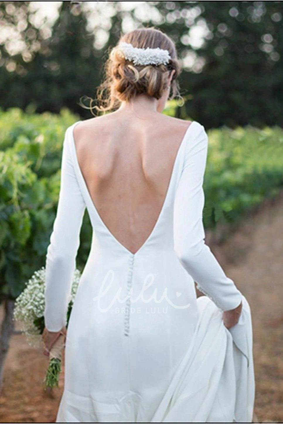 Chiffon Sheath Long Sleeve Deep-V Back Wedding Dress Simple & Elegant
