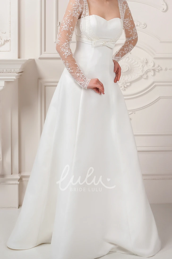 Lace Satin Long-Sleeve Wedding Dress Sheath Square-Neck with Bow