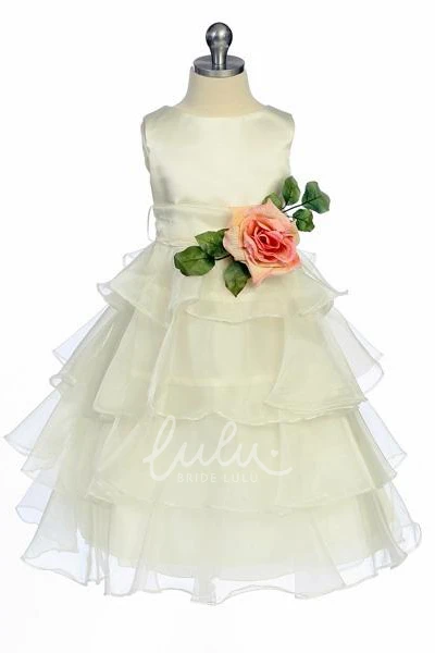 Tiered Organza Tea-Length Flower Girl Dress with Floral Design Flowy Wedding Dress