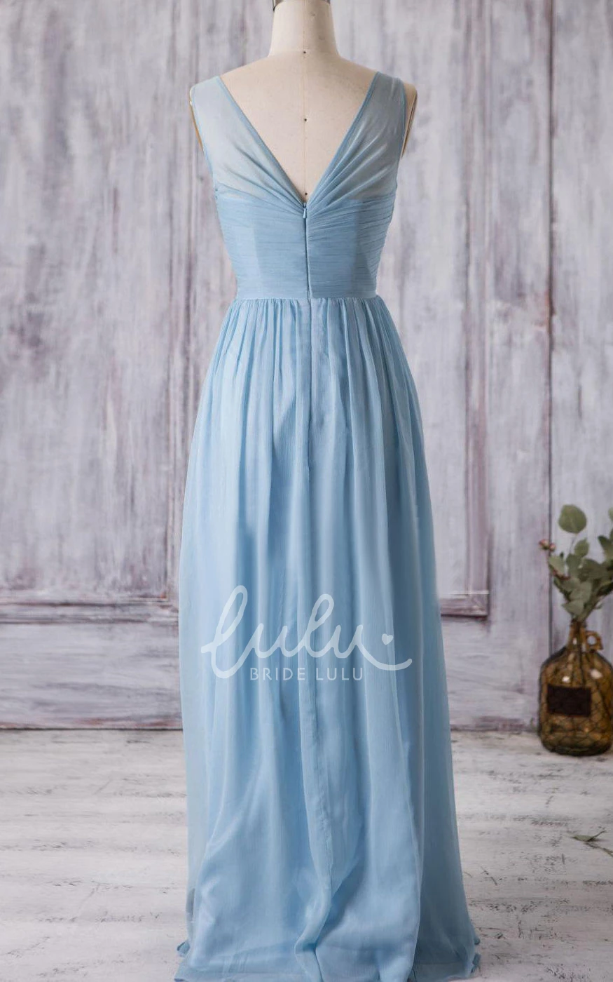 V Neck Bandage Floor Length Chiffon Bridesmaid Dress with A-line Pleats