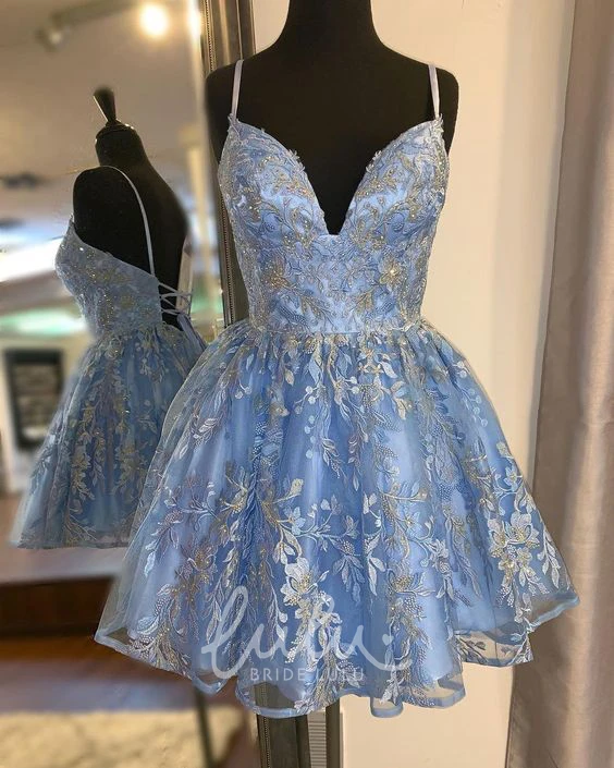 Lace Spaghetti A-Line Homecoming Dress with Open Back Casual Formal Dress