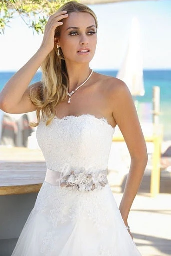 Strapless A-Line Tulle Wedding Dress with Appliques and Sweep Train