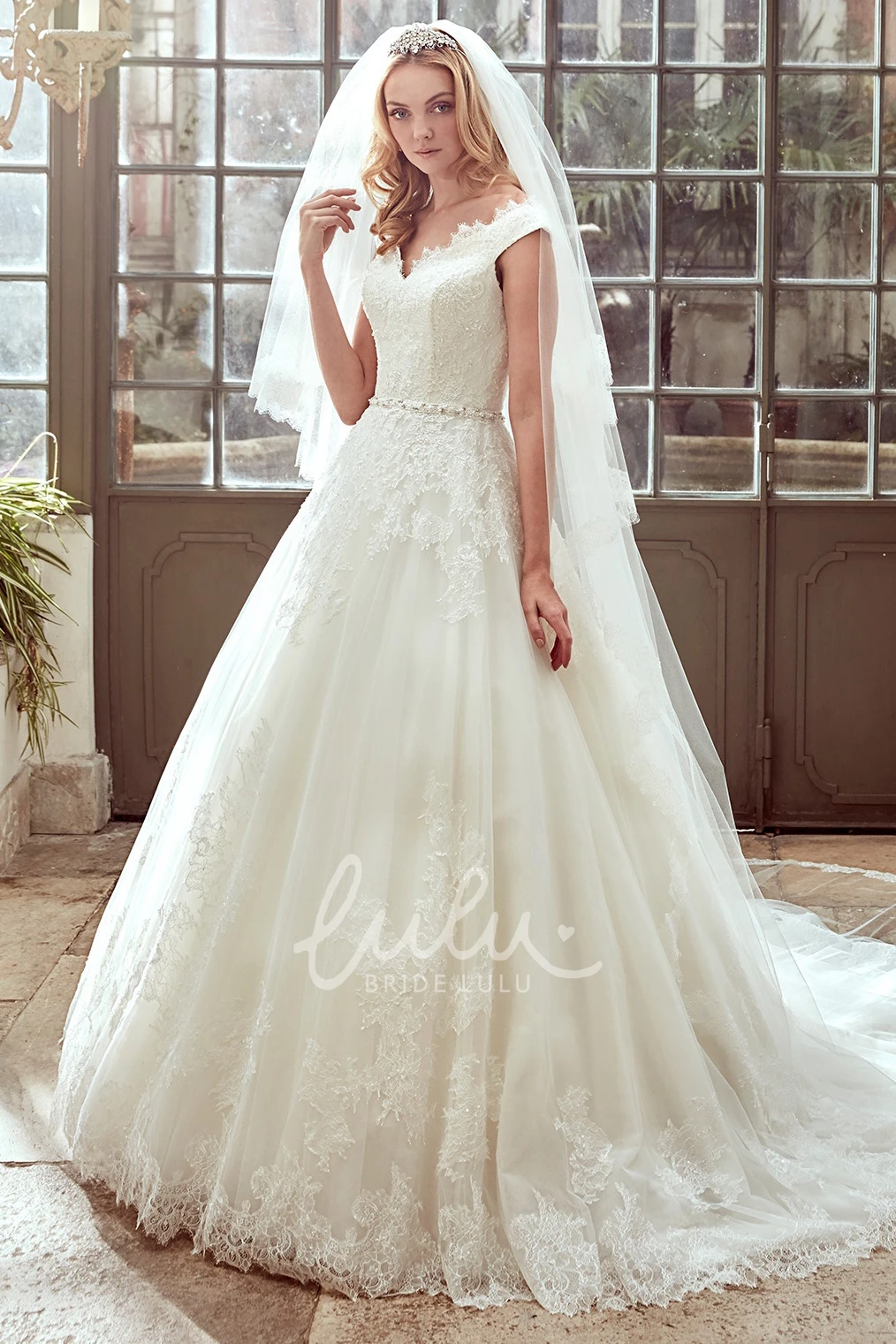 V Neckline Strap-Neck A-Line Wedding Dress with Brush Train Modern Wedding Dress Elegant Women