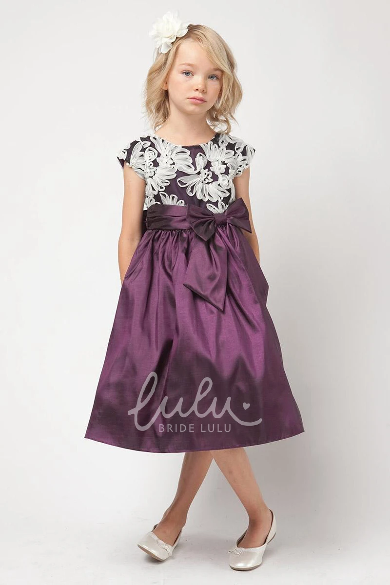 Embroidered Taffeta Bow Flower Girl Dress Classy Wedding Dress for Girls