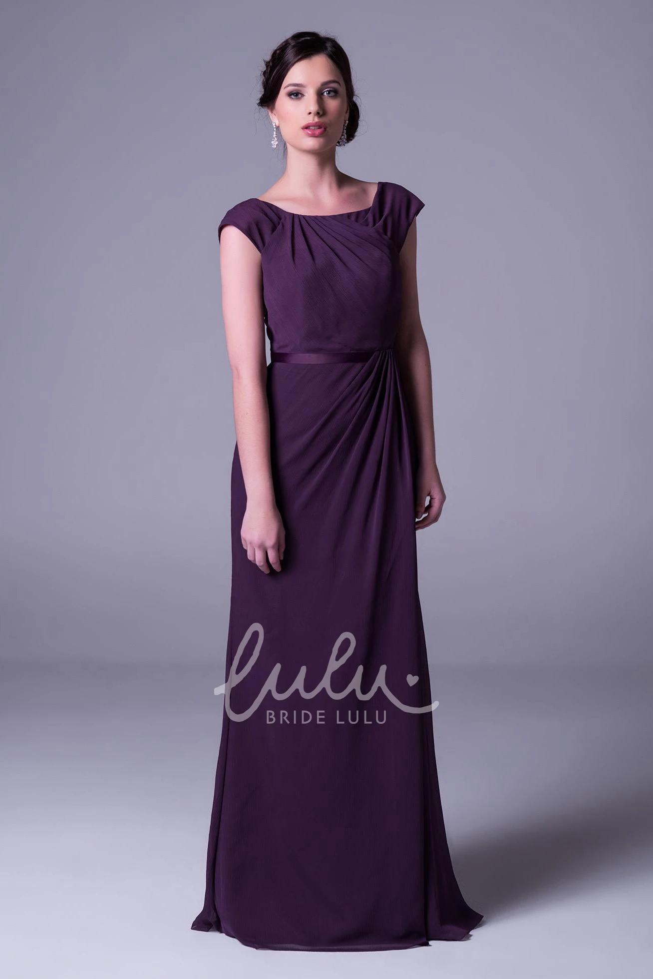 Square Neck Cap Sleeve Chiffon Bridesmaid Dress with Side Draping