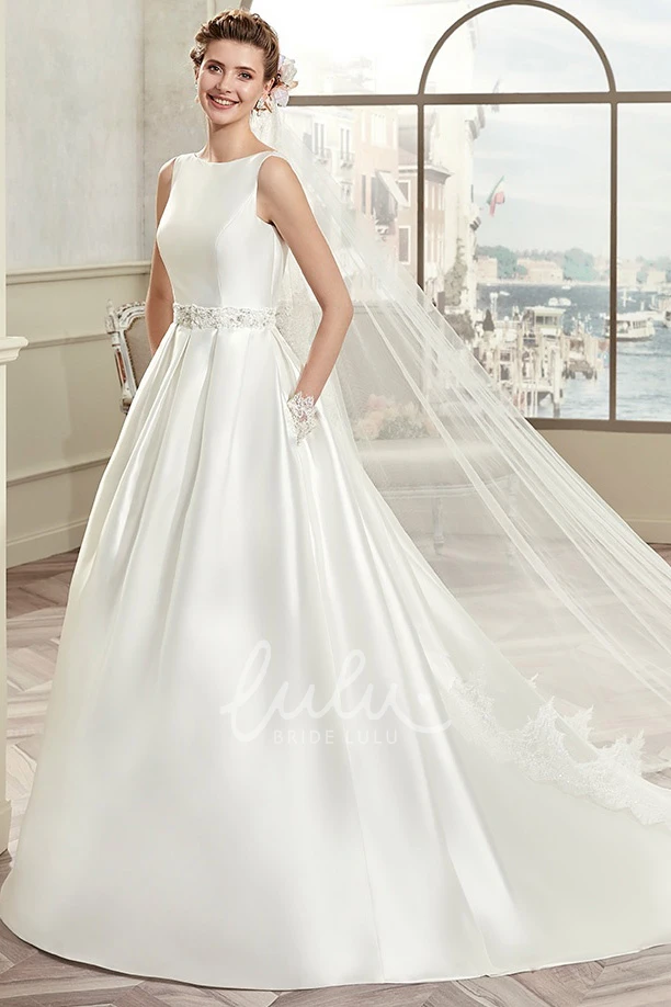 Satin A-Line Wedding Dress with Jewel-Neck and Illusive Lace Back Cap Sleeves