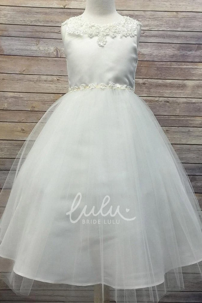 Beaded Appliqued Tea-Length Floral Flower Girl Dress Tulle & Sequins