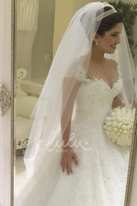 Cap Sleeve V-Neck Lace Gown with Court Train Luxury Beaded Modern