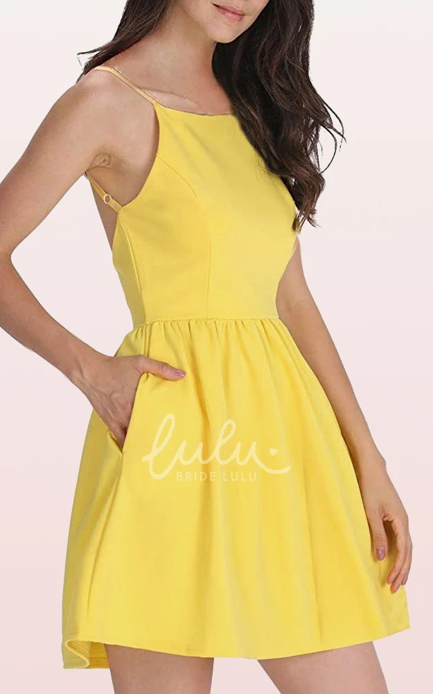 A Line Taffeta Spaghetti Cocktail Dress with Pockets Sleeveless Casual Women