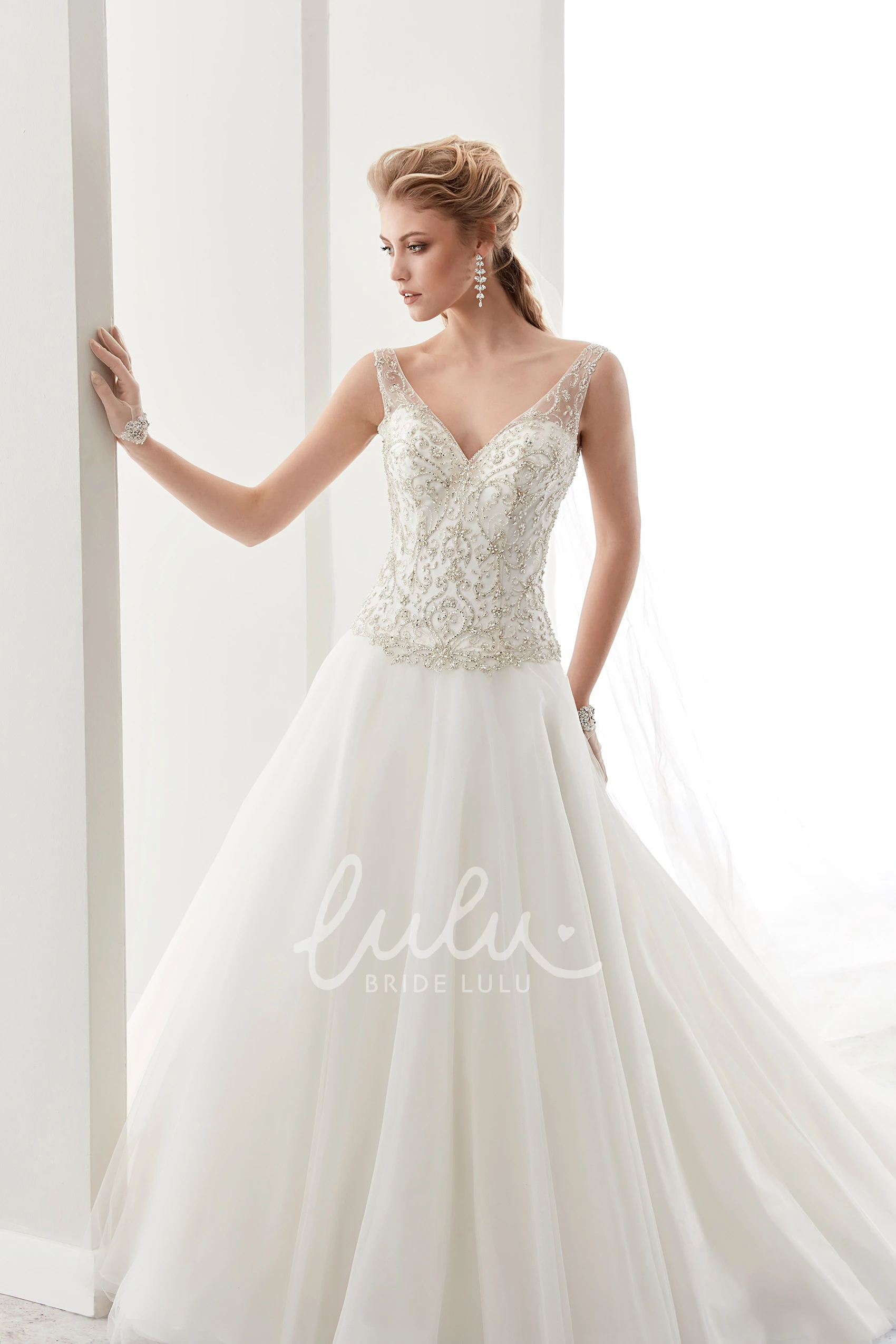 Sequin V-Neck A-Line Wedding Dress with Brush Train and Low-V Back