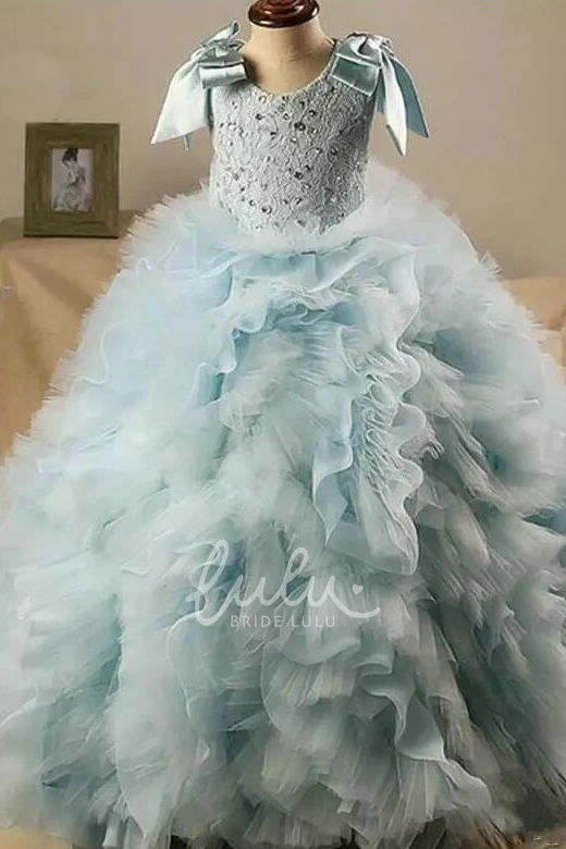 Ruffled Ball Gown Flower Girl Dress with Scoop Neck and Beading