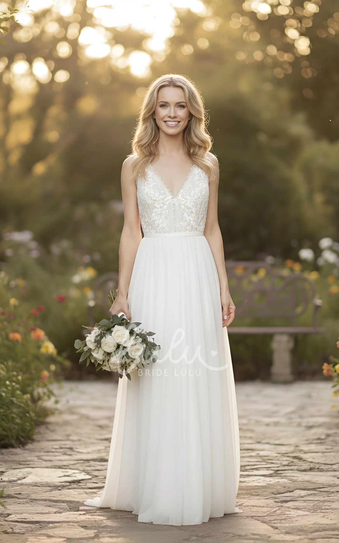 Sleeveless Lace A-Line Wedding Dress V-Neck Chiffon Garden Gown for Outdoor Wedddings