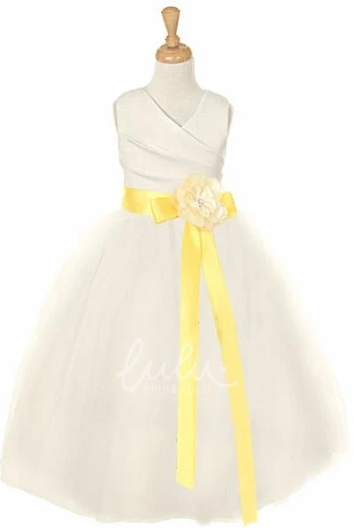 Ankle-Length Tiered Satin Flower Girl Dress with V-Neck