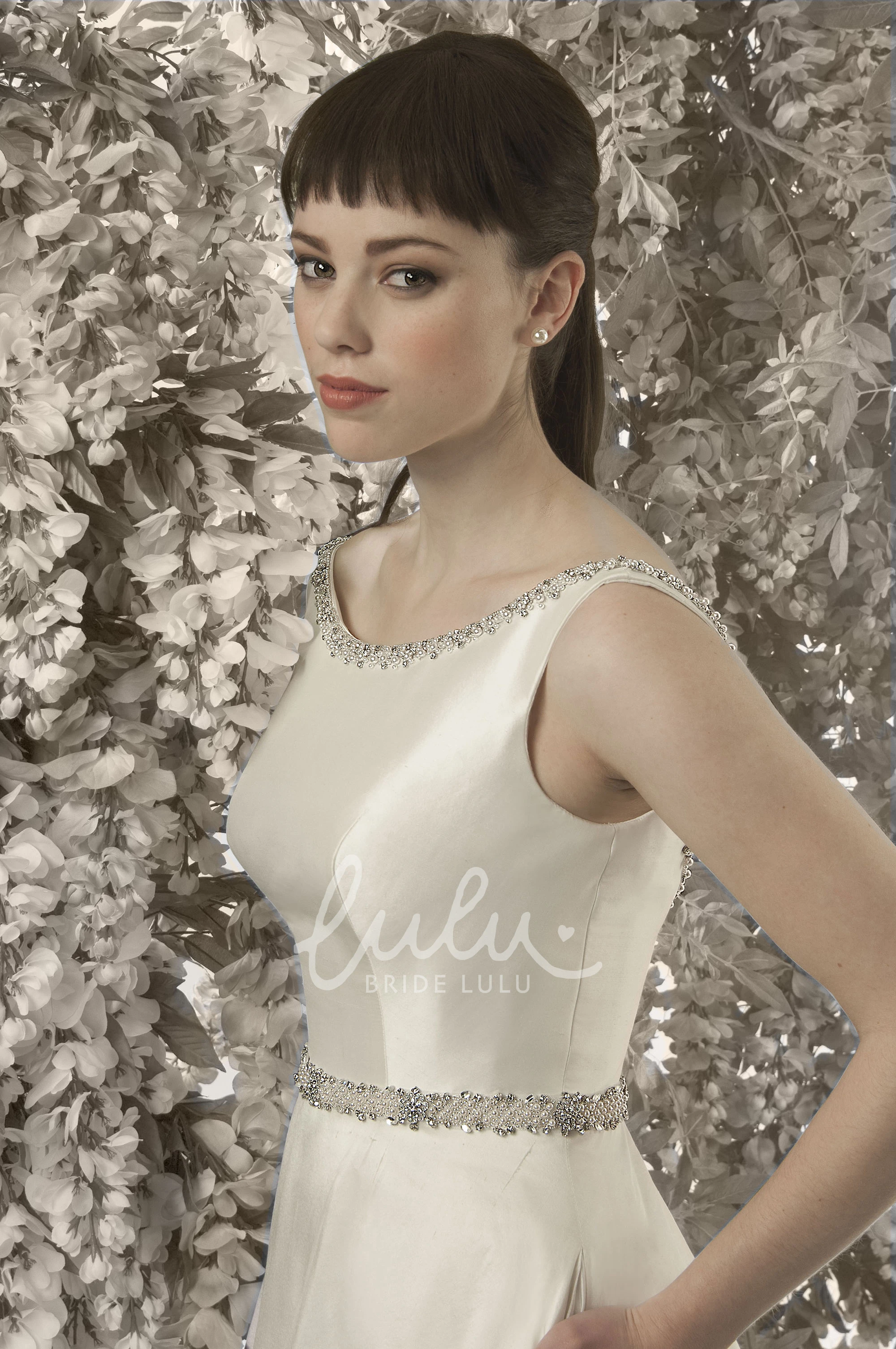 Satin Jeweled Scoop Neck Wedding Dress with Court Train