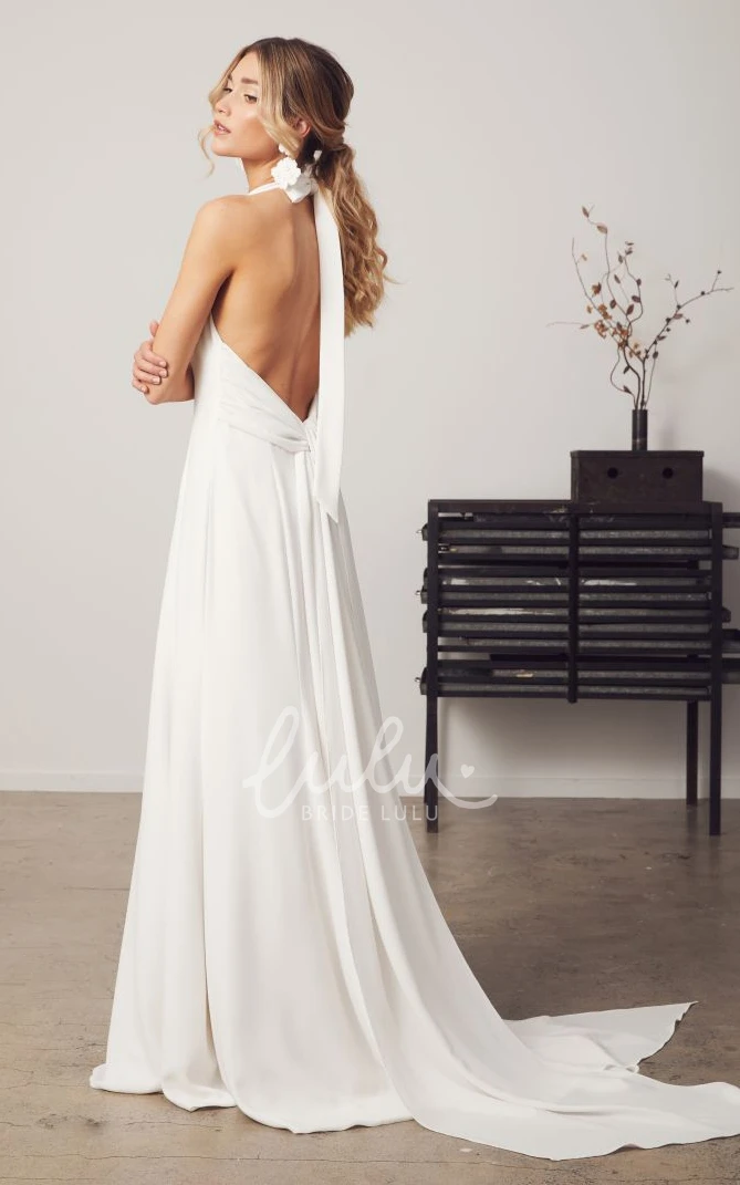 Halter A-Line Satin Garden Wedding Dress Romantic and Sexy with Deep-V Back