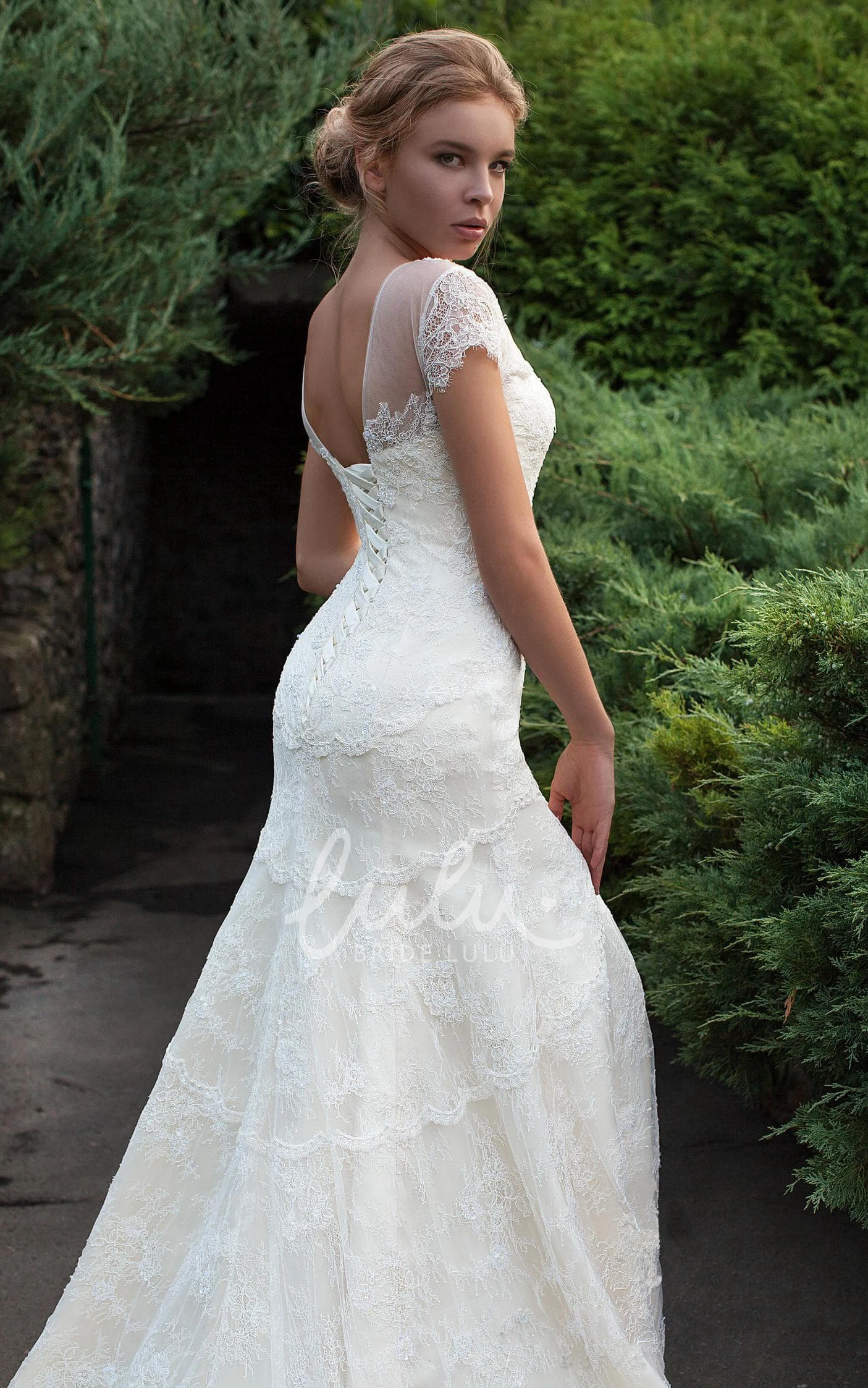 Jewel Cap-Sleeve Lace Dress with Low-V-Back Split Front and Tiers in Floor-Length Sheath Style