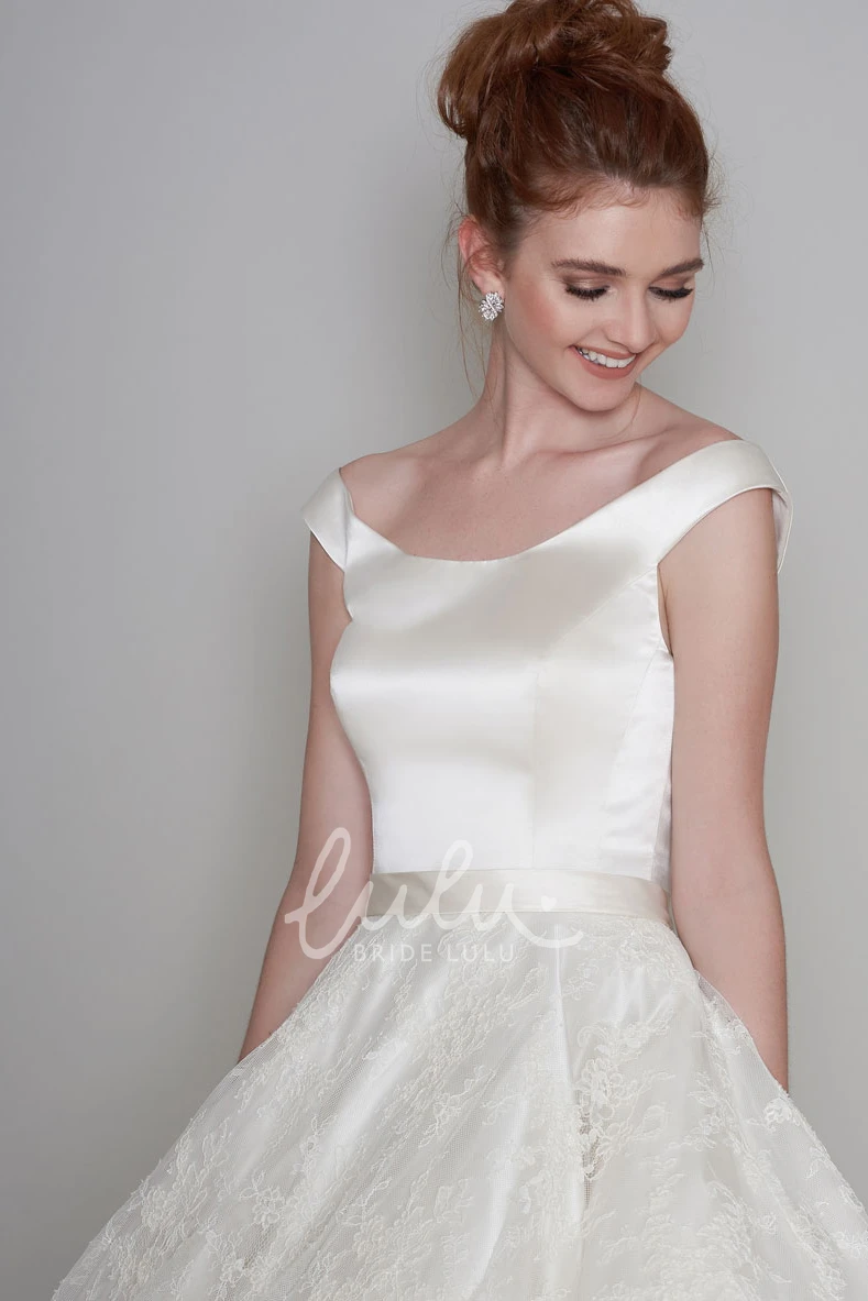 Satin Lace Off-Shoulder Low-V Back Tea-Length Bridal Gown