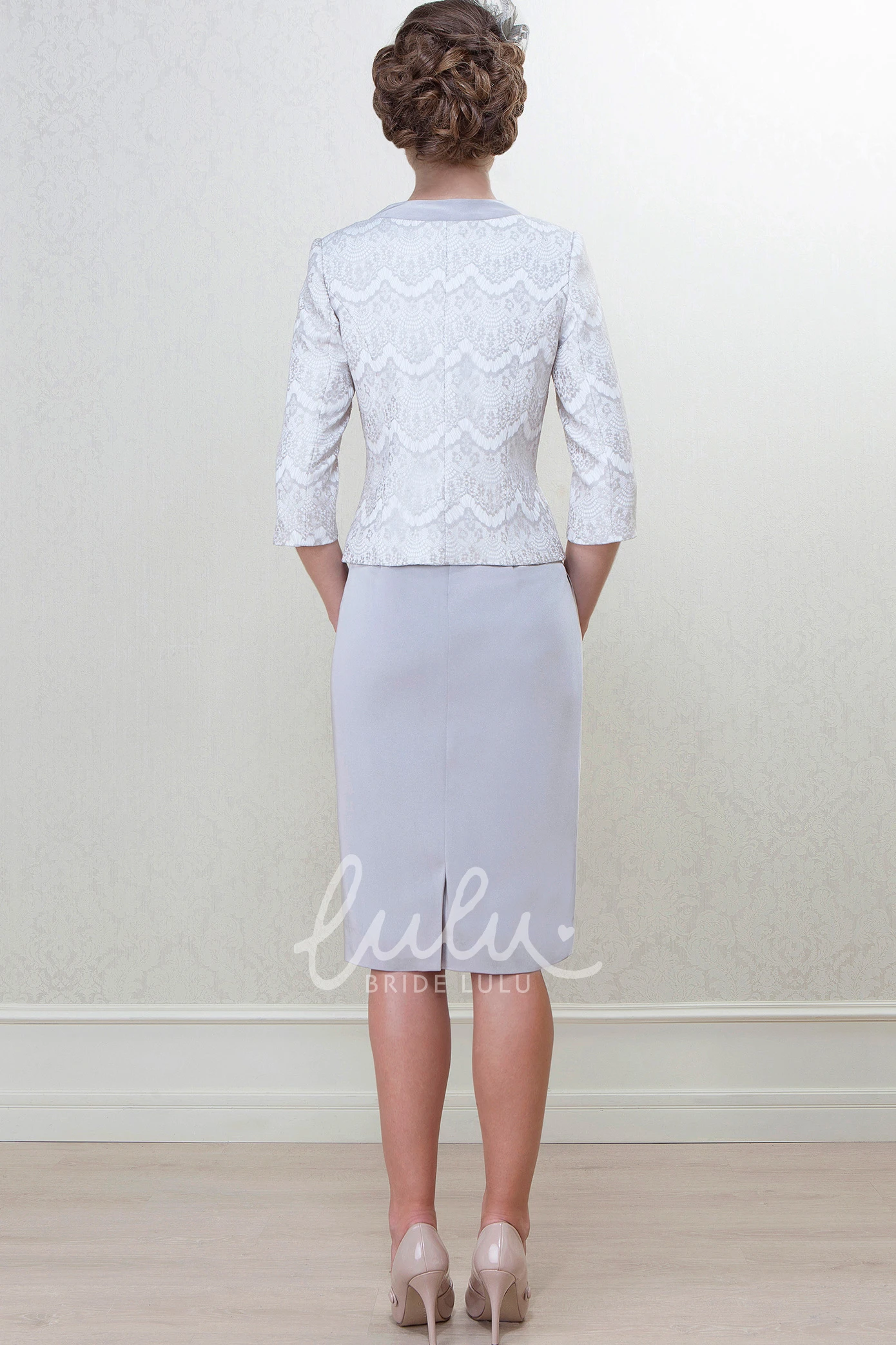 Caped 3-4 Sleeve High Neck Knee-Length Satin Mother Of The Bride Pencil Dress