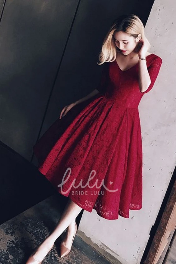Lace V-neck Illusion Half-sleeve Cocktail Dress Adorable Mid-length