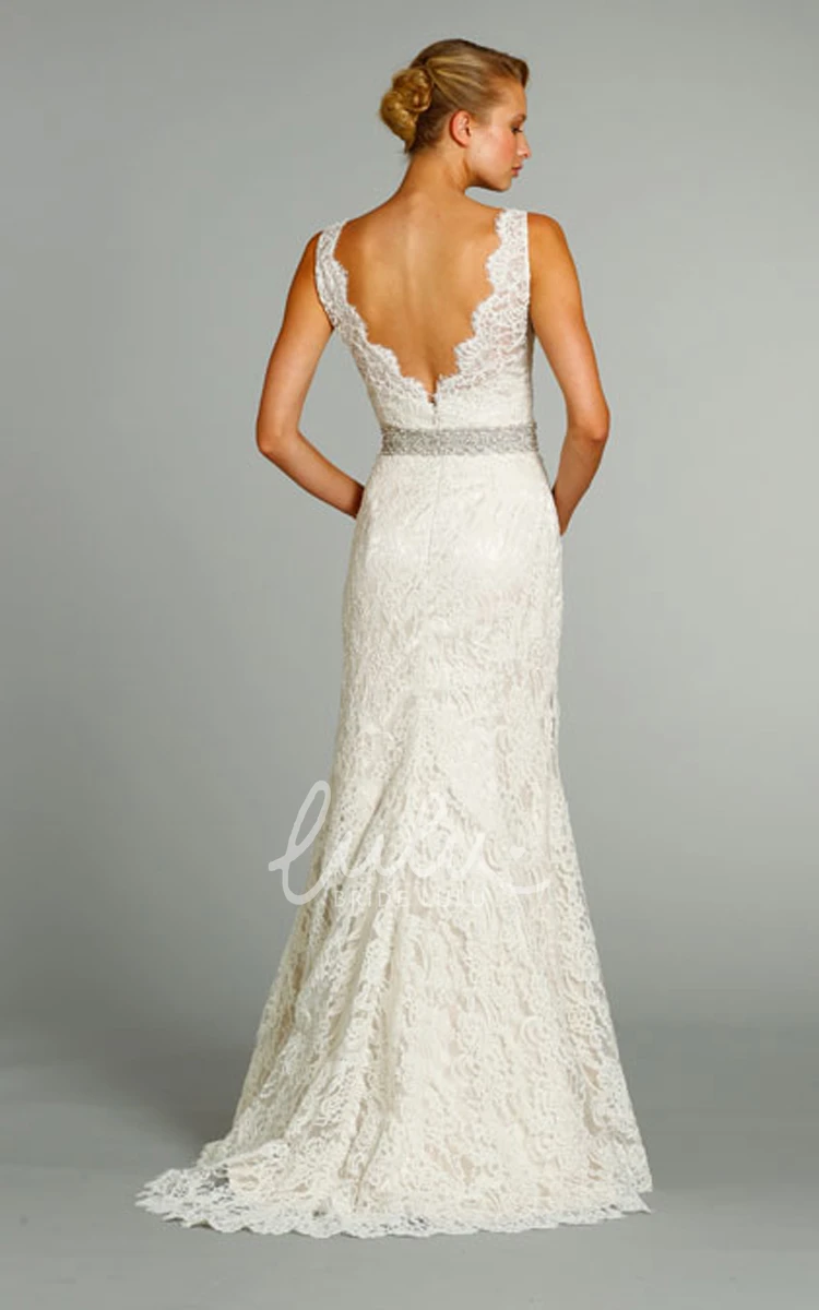 Crystal Embroidered Belt V-Neck Lace Gown for Stunning Look