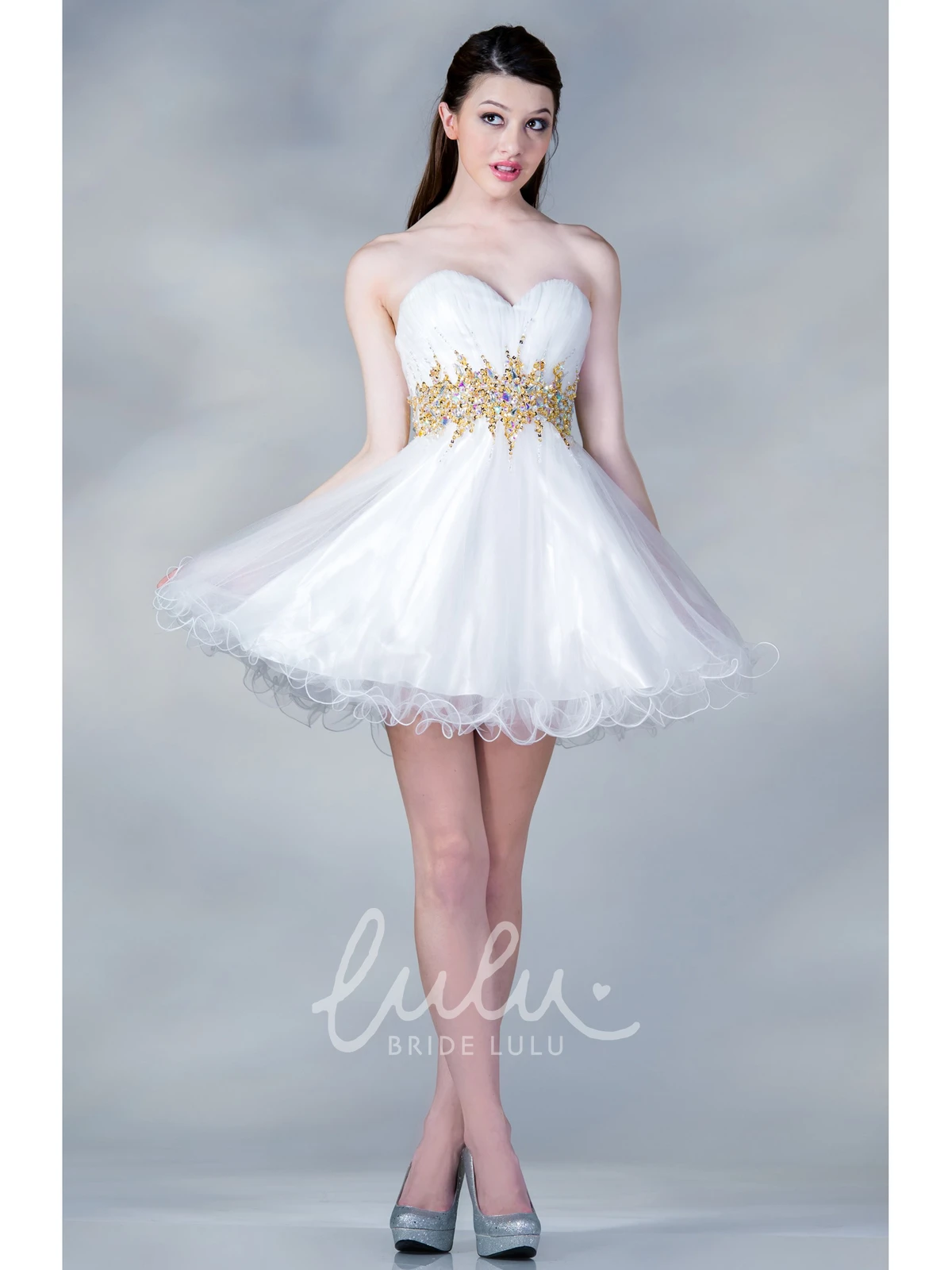 Sweetheart Satin A-Line Mini Dress with Ruffles and Waist Jewelry Formal Dress